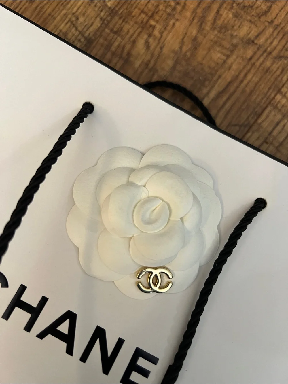 CHANEL White Gift Bag with Black Rope Handles and Camellia Sticker